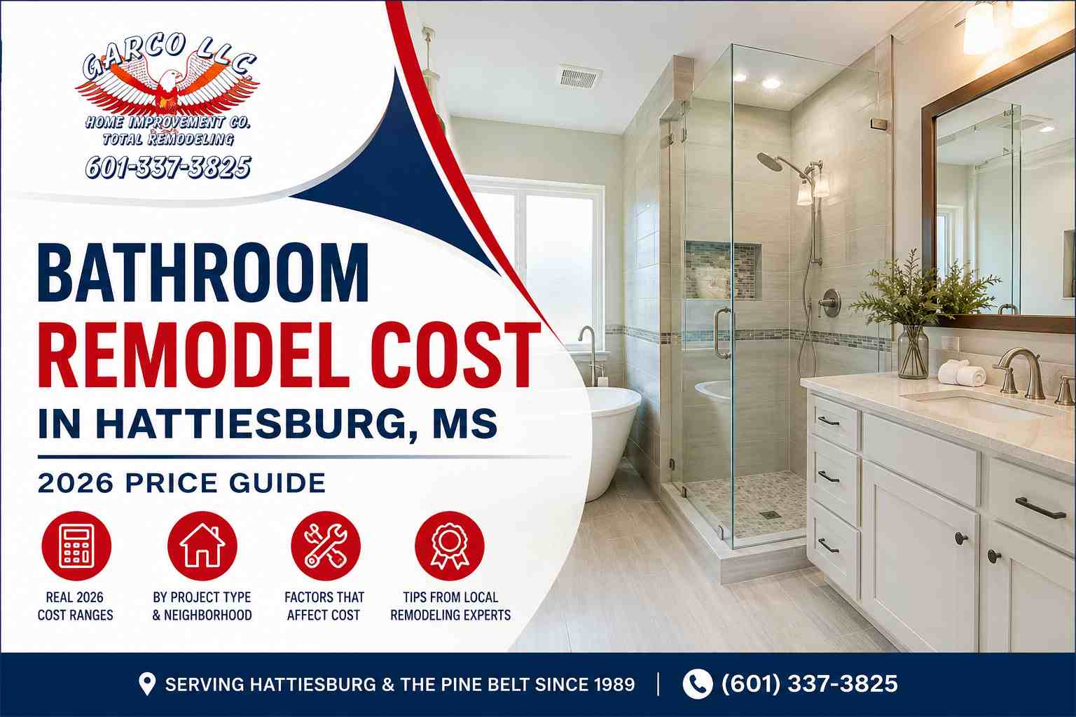 Bathroom remodel cost in Hattiesburg, MS 2026 price guide with modern bathroom design by Garco Home Improvements
